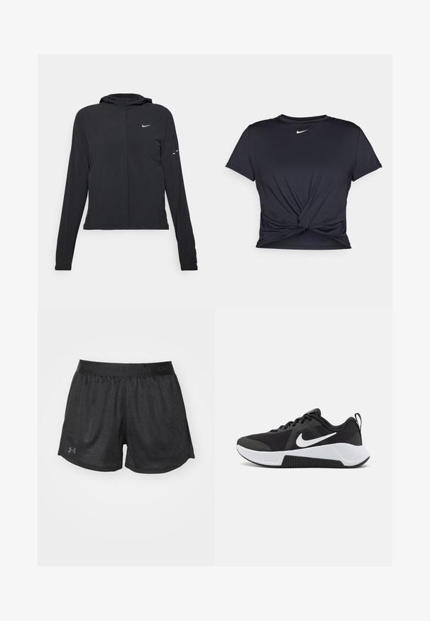 Casaco preto com capuz e mangas longas, feito de material leve. Apresenta um fecho dourado na frente, um logótipo da Nike e detalhes de design subtis.; T-shirt atlético preto feito de tecido liso, apresentando um design frontal com nó e um pequeno logótipo branco da Nike no peito.; Shorts de desporto pretos com um tecido texturizado, cintura elástica e um pequeno logótipo da Under Armour em cinza escuro no lado inferior esquerdo.; Sapatilha atlética preta com parte superior em malha, detalhes brancos, sola acolchoada e piso texturizado para aderência. Inclui atacadores e aba no calcanhar.
