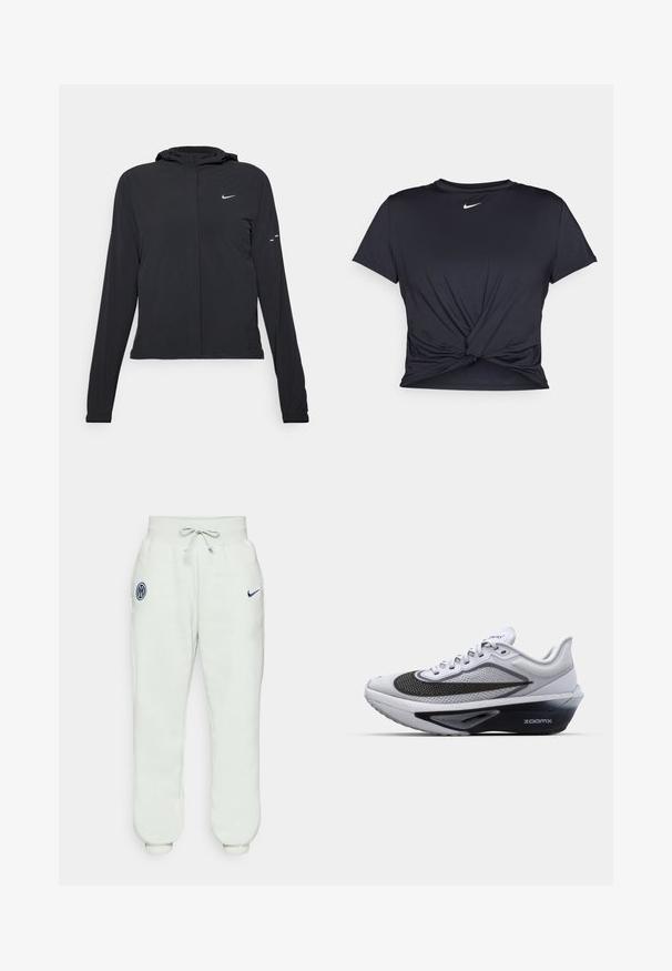 Veste à capuche noire avec des manches longues, fabriquée en matériau léger. Elle comporte une fermeture éclair à l'avant, un logo Nike et des accents de design subtils.; T-shirt de sport noir en tissu lisse, avec un design avant noué et un petit logo Nike blanc sur la poitrine.; Pantalon de survêtement gris clair avec une taille élastique, un cordon de serrage, des chevilles resserrées, et un emblème bleu marine avec un logo sur la cuisse gauche.; Baskets blanches avec une tige en maille, dotées d'un logo en forme de virgule noire, d'une semelle avec amorti ZoomX et d'un design texturé pour la respirabilité.