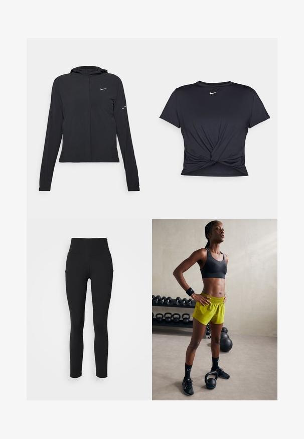Chaqueta negra con capucha y mangas largas, hecha de un material ligero. Presenta un cierre frontal, un logo de Nike y acentos de diseño sutiles.; Camiseta atlética negra hecha de tela suave, con un diseño de nudo en la parte delantera y un pequeño logo blanco de Nike en el pecho.; Leggings negros con una cinturilla alta, fabricados con tejido elástico, que cuentan con bolsillos laterales y un acabado texturado suave.; Sujetador deportivo negro, pantalones cortos amarillos brillantes con cinturilla elástica, zapatillas de deporte negras y muñequeras, de pie junto a kettlebells.