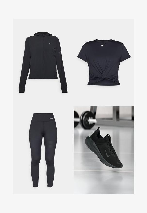 Czarna kurtka z kapturem, z długimi rękawami, wykonana z lekkiego materiału. Posiada zamek błyskawiczny z przodu, logo Nike oraz subtelne akcenty wzornicze.; Czarna sportowa koszulka z gładkiego materiału, z wiązanym przodem i małym białym logo Nike na piersi.; Czarne legginsy z wysokim stanem o gładkiej fakturze, z logo na pasie i dwiema poziomymi paskami na udzie dla podkreślenia detali.; Czarny sportowy sneaker z logo Nike, pokazany w powietrzu na podłodze siłowni, z rozmytym regałem z hantlami w tle.