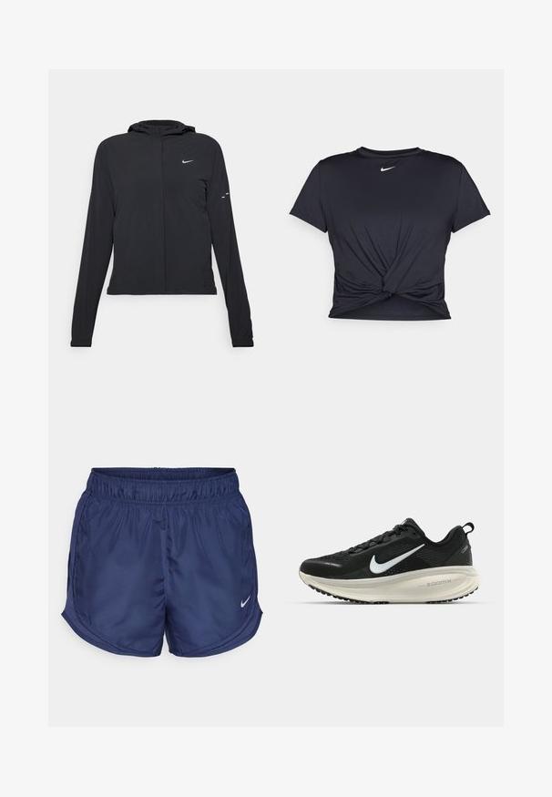 Casaco preto com capuz e mangas longas, feito de material leve. Apresenta um fecho dourado na frente, um logótipo da Nike e detalhes de design subtis.; T-shirt atlético preto feito de tecido liso, apresentando um design frontal com nó e um pequeno logótipo branco da Nike no peito.; Calças de desporto azul-marinho com uma cintura elástica e painéis de malha laterais. Apresenta um pequeno logótipo branco da Nike no canto inferior esquerdo.; Sapatilha de corrida Nike preta com parte superior de malha respirável, logotipo Swoosh branco, detalhes texturizados e uma entressola ZoomX na cor creme.