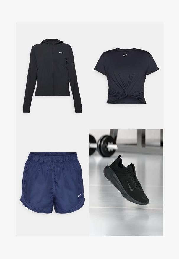 Čierna kapucňová bunda s dlhou rukávou, vyrobená z ľahkého materiálu. Má predný zips, logo Nike a jemné dizajnové akcenty.; Čierne atletické tričko vyrobené z hladkej tkaniny, so zaväzovaným predným dizajnom a malým bielym logom Nike na hrudi.; Námornícke športové šortky s elastickým pásom a bočnými sieťovanými panelmi. Obsahujú malé biele logo Nike v dolnom ľavom rohu.; Čierne športové tenisky s logom Nike, zobrazené vo vzduchu na podlahe telocvične, s rozmazaným regálom činkami v pozadí.