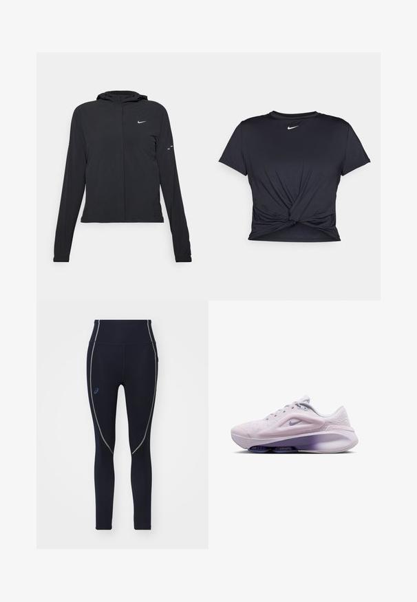 Giacca nera con cappuccio e maniche lunghe, realizzata in materiale leggero. Presenta una zip frontale, il logo Nike e accenti di design sottili.; Maglietta atletica nera realizzata in tessuto liscio, con un design anteriore annodato e un piccolo logo Nike bianco sul petto.; Leggings a vita alta di colore blu navy realizzati in tessuto elasticizzato, con dettagli di cucitura verde e logo Asics sul lato sinistro.; Scarpa da ginnastica viola chiaro con tomaia testurizzata, punta tonda e ammortizzazione nella suola intermedia. Presenta un logo Nike viola e dettagli in mesh.