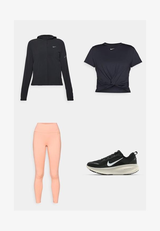 Melnā kapuci jaka ar garām piedurknēm, izgatavota no viegla materiāla. Tam ir priekšējais rāvējslēdzis, Nike logo un smalki dizaina akcenti.; Melna sporta t-kreklu ar gludu audumu, ar mezglošanas priekšpusi un mazu baltu Nike logotipu uz krūšu daļas.; Persiku krāsas legingi, izgatavoti no elastīga materiāla, ar augstu jostasvietu, gludu tekstūru un bezšuvju dizainu, bez redzamām kabatām.; Melnas Nike skriešanas kurpes ar elpojošu acs augšdaļu, baltu Swoosh logotipu, strukturētu apdari un krēmkrāsas ZoomX starpsole.