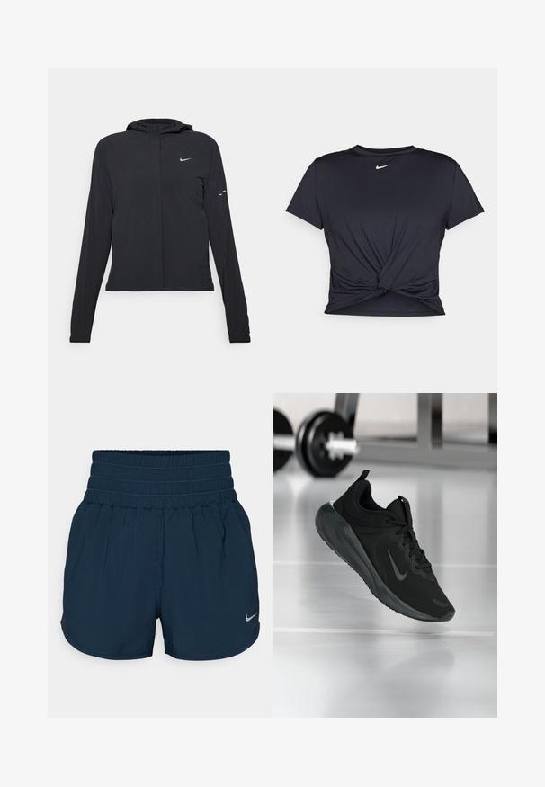 Jachetă neagră cu glugă, cu mâneci lungi, fabricată din material ușor. Dispune de un fermoar frontal, un logo Nike și accente de design subtile.; Tricou sport negru din material neted, cu un design frontal legat și un mic logo Nike alb pe piept.; Nike Performance ONE - Pantaloni scurți sport - armory navy/reflective silver; Tenisii sport negru cu logo-ul Nike, arătați în aer deasupra podelei de sală de sport, cu un suport pentru haltere neclar în fundal.