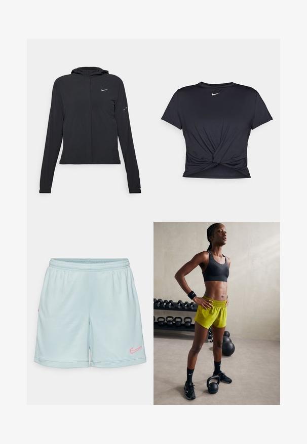 Svart huva jacka med långa ärmar, gjord av lätt material. Har en framdragare, en Nike-logotyp och subtila designelement.; Svart atletisk t-shirt i mjukt tyg, med en knuten framdesign och en liten vit Nike-logga på bröstet.; Ljusblå idrottsshorts med resårmidja, med en rosa Nike-logotyp på sidan och en mesh-textur vid fållen.; Svart sportbh, ljusgula shorts med resårmidja, svarta träningsskor och handledsband, stående bredvid kettlebells.