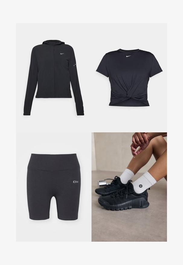 Zwarte kaptrui met lange mouwen, gemaakt van lichtgewicht materiaal. Voorzien van een ritssluiting aan de voorkant, een Nike-logo en subtiele ontwerpelementen.; Zwarte sportieve T-shirt van gladde stof, met een geknoopt ontwerp aan de voorkant en een klein wit Nike-logo op de borst.; ICANIWILL SOFT - Tights - black; Zwarte sport schoenen van een gestructureerde stof, met vetersluiting en een opvallende zool, gecombineerd met witte geribbelde sokken met een klein logo.