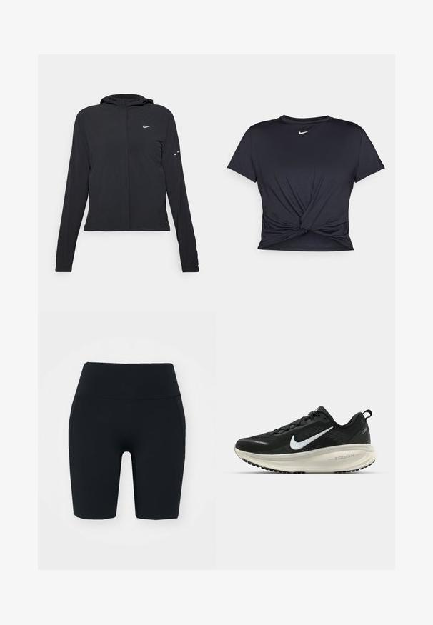 Čierna kapucňová bunda s dlhou rukávou, vyrobená z ľahkého materiálu. Má predný zips, logo Nike a jemné dizajnové akcenty.; Čierne atletické tričko vyrobené z hladkej tkaniny, so zaväzovaným predným dizajnom a malým bielym logom Nike na hrudi.; Čierne cyklistické šortky s vysokým pásom, vyrobené z elastického materiálu s hladkou textúrou, s bočnými vreckami a priliehavým strihom.; Čierne bežecké topánky Nike s priedušnou sieťovinou, bielym logom s symbolom swoosh, textúrovanými detailmi a krémovou ZoomX medzipodrážkou.