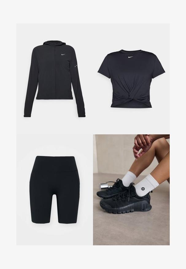 Mustassa hupparissa on pitkät hihat, ja se on valmistettu kevyestä materiaalista. Siinä on edessä vetoketju, Nike-logo ja hillityt muotoiluyksityiskohdat.; Musta urheilu T-paita, joka on valmistettu sileästä kankaasta, jossa on solmittu etuosa ja pieni valkoinen Nike-logo rinnassa.; Mustat korkeavyötäröiset pyöräilyshortsit joustavasta kankaasta, joka on sileä, ja niissä on sivutaskut sekä muotoiltu malli.; Mustat urheilukengät, joissa on teksturoitu kangas, nauhakiinnitys ja näyttävä pohja, yhdistettyinä valkoisiin ribbikuvioisiin sokkeihin, joissa on pieni logo.