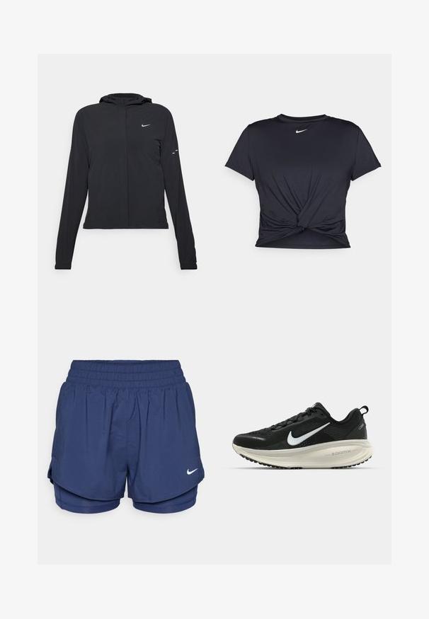 Crna jakna s kapuljačom i dugim rukavima, izrađena od laganog materijala. Ima prednji patentni zatvarač, Nike logo i suptilne dizajnerske detalje.; Crni trenirac s kratkim rukavima izrađen od glatkog materijala, s čvorastim dizajnom sprijeda i malim bijelim Nike logotipom na prsima.; Tamnoplave dvostruke sportske kratke hlače s elastičnim pojasom i bijelim Nike swoosh logotipom na prednjoj desnoj strani.; Crne Nike trkačke tenisice s prozračnom mrežastom gornjom konstrukcijom, bijelim swoosh logotipom, teksturiranim detaljima i kremastom ZoomX srednjom potplatnom jedinicom.