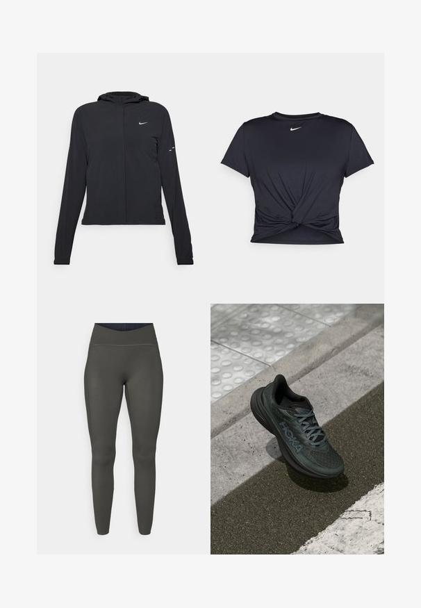 Crna jakna s kapuljačom i dugim rukavima, izrađena od laganog materijala. Ima prednji patentni zatvarač, Nike logo i suptilne dizajnerske detalje.; Crni trenirac s kratkim rukavima izrađen od glatkog materijala, s čvorastim dizajnom sprijeda i malim bijelim Nike logotipom na prsima.; Visoke tajice u maslinastoj zelenoj boji, izrađene od rastezljivog materijala s glatkom teksturom i ravnim šavovima, koje nude prilagođeni siluetu.; Crne trkačke cipela s mrežastim gornjim dijelom, teksturiranim detaljima i logotipom, s podstavljenim potplatom i sivim vezicama, smještene na pločniku.