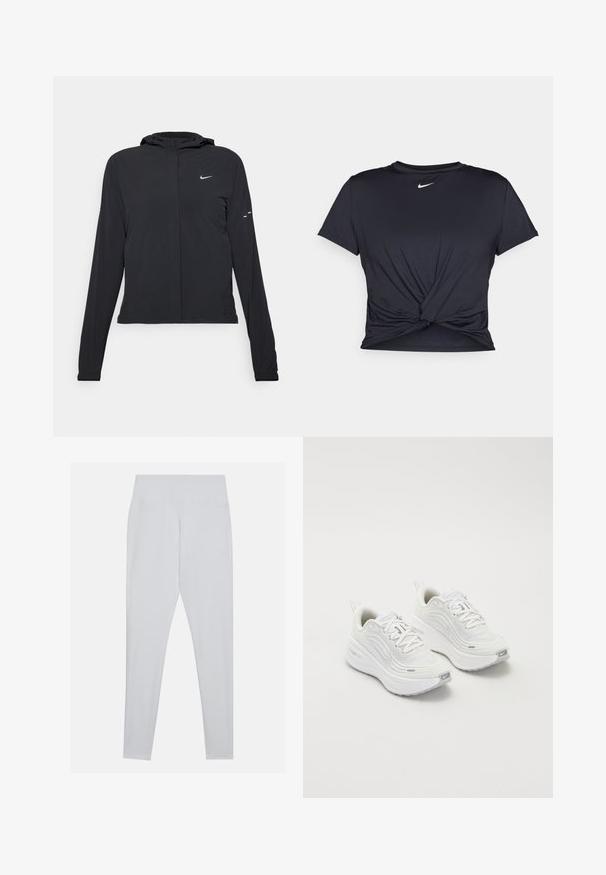 Veste à capuche noire avec des manches longues, fabriquée en matériau léger. Elle comporte une fermeture éclair à l'avant, un logo Nike et des accents de design subtils.; T-shirt de sport noir en tissu lisse, avec un design avant noué et un petit logo Nike blanc sur la poitrine.; Leggings blancs en matériau extensible, avec une taille haute, une texture lisse, et sans coutures ni embellissements visibles.; Baskets de sport blanches avec une tige en maille texturée, une semelle rembourrée et de subtils accents gris. Comprend un logo et une languette en boucle au talon pour un enfilage facile.