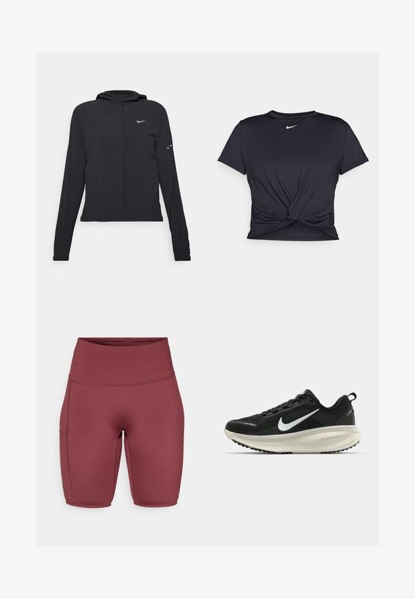 Jachetă neagră cu glugă, cu mâneci lungi, fabricată din material ușor. Dispune de un fermoar frontal, un logo Nike și accente de design subtile.; Tricou sport negru din material neted, cu un design frontal legat și un mic logo Nike alb pe piept.; Pantaloni scurți bordeaux cu talie înaltă, confecționați dintr-un material neted și elastic. Au un buzunar lateral și un design ajustat, potrivit pentru îmbrăcăminte sport.; Pantofii de alergare negri de la Nike, cu parte superioară din plasă respirabilă, logo-ul alb Swoosh, detalii texturate și o talpă intermediară ZoomX de culoare crem.