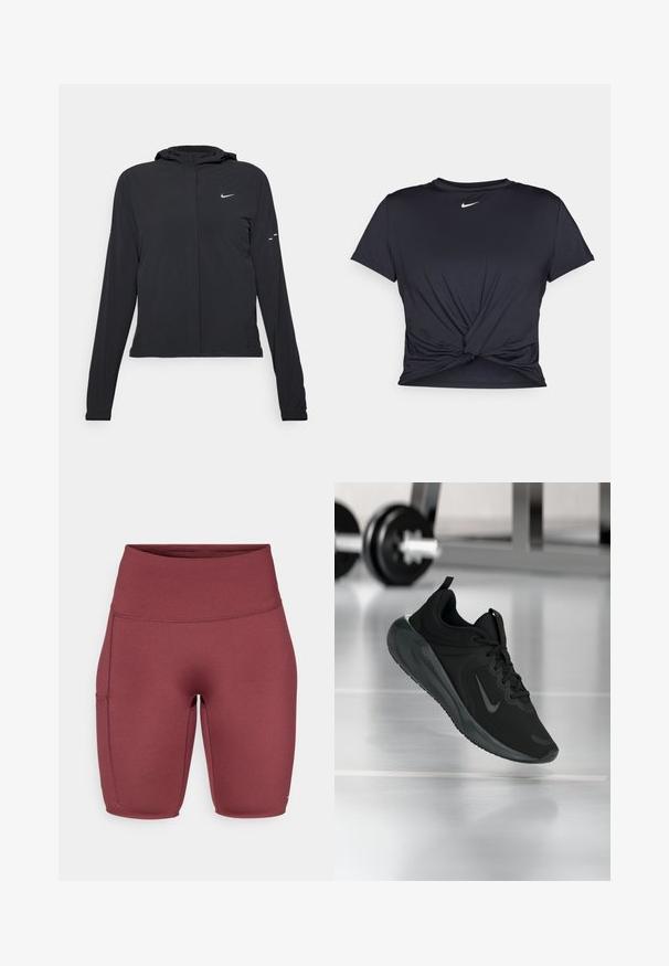 Czarna kurtka z kapturem, z długimi rękawami, wykonana z lekkiego materiału. Posiada zamek błyskawiczny z przodu, logo Nike oraz subtelne akcenty wzornicze.; Czarna sportowa koszulka z gładkiego materiału, z wiązanym przodem i małym białym logo Nike na piersi.; Burgundowe szorty z wysokim stanem, wykonane z gładkiego, elastycznego materiału. Posiadają boczną kieszeń i dopasowany krój, idealne do aktywności fizycznej.; Czarny sportowy sneaker z logo Nike, pokazany w powietrzu na podłodze siłowni, z rozmytym regałem z hantlami w tle.