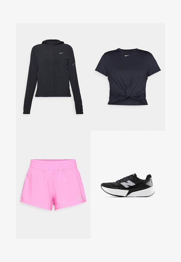 Črna kapuča s dolgimi rokavi, izdelana iz lahkega materiala. Ima sprednji zadrgo, logotip Nike in subtilne oblikovne detajle.; Črna atletska majica iz gladkega materiala, z vozlanim sprednjim delom in majhnim belim logotipom Nike na prsih.; Svetlo roza športne kratke hlače z elastičnim pasom in majhnim sivo Nike logotipom na spodnjem levem robu proti beli ozadju.; Črno-bela tekaška obutev New Balance z debelim podplatom, mrežnim zgornjim delom in logotipom "N" na strani, prikazana s zunanje strani.