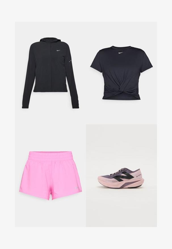 Svart hettegenser med lange ermer, laget av lett materiale. Har glidelås foran, Nike-logo og subtile design detaljer.; Svart trenings T-skjorte laget av glatt stoff, med en knyttet frontdesign og en liten hvit Nike-logo på brystet.; Lyse rosa treningsshorts med elastisk midje og liten grå Nike-logo nederst til venstre på kanten mot hvit bakgrunn.; Lett løpesko med et rosa og lilla gradientdesign. Har pustende mesh-overdel, svarte detaljer og polstret såle.