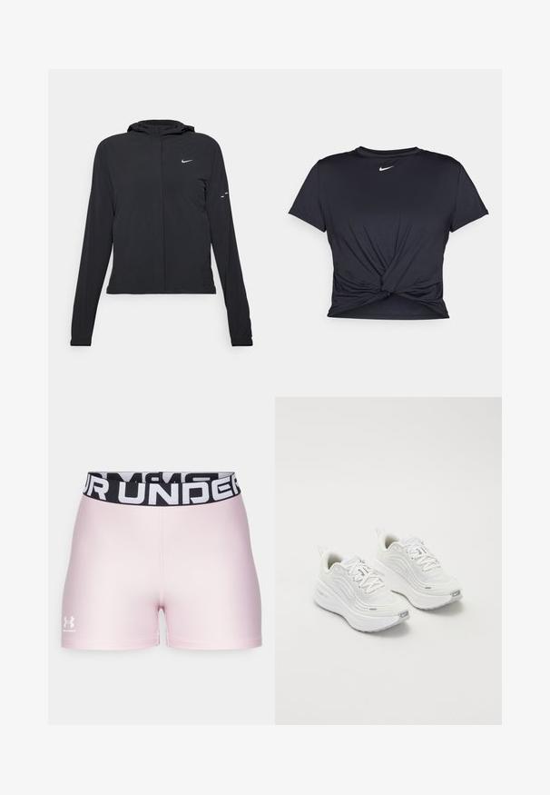 Svart hettegenser med lange ermer, laget av lett materiale. Har glidelås foran, Nike-logo og subtile design detaljer.; Svart trenings T-skjorte laget av glatt stoff, med en knyttet frontdesign og en liten hvit Nike-logo på brystet.; Rosa treningsshorts laget av glatt materiale med svart elastisk livløsning som har hvit "UNDER ARMOUR"-tekst. Logoen er plassert nederst til venstre.; Hvite joggesko med et teksturert mesh-overdel, polstret såle og subtile grå aksenter. Inkluderer merkevare og løkke på hælen for enkel påkledning.