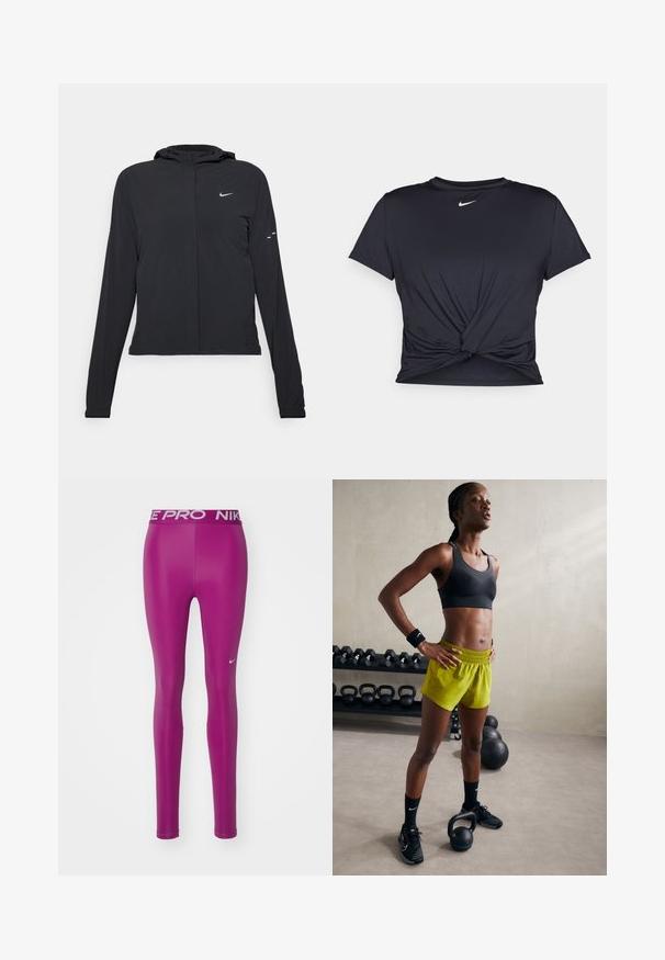 Zwarte kaptrui met lange mouwen, gemaakt van lichtgewicht materiaal. Voorzien van een ritssluiting aan de voorkant, een Nike-logo en subtiele ontwerpelementen.; Zwarte sportieve T-shirt van gladde stof, met een geknoopt ontwerp aan de voorkant en een klein wit Nike-logo op de borst.; Nike Performance 365 - Tights - hot fuchsia/white; Zwarte sportbeha, felgele shorts met een elastische tailleband, zwarte sportschoenen en polsbanden, staande naast kettlebells.