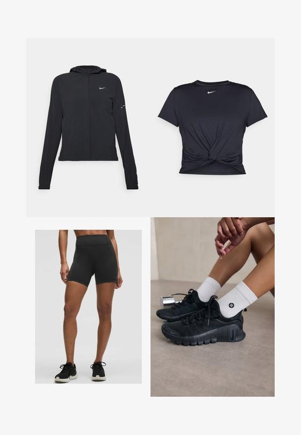Fekete kapucnis dzseki hosszú ujjakkal, könnyű anyagból készült. Elülső cipzárral, Nike logóval és diszkrét dizájn elemekkel rendelkezik.; Fekete sportpóló sima anyagból, elöl megkötős dizájnnal, a mellkason egy kis fehér Nike logóval.; Magas derekú fekete sportnadrág elasztikus anyagból, sima textúrával és tiszta varrással, tökéletes edzéshez.; Fekete sportcipők texturált anyagból, fűzős kialakítással és hangsúlyos talppal, fehér bordás zoknikkal párosítva, melyek kis logóval rendelkeznek.
