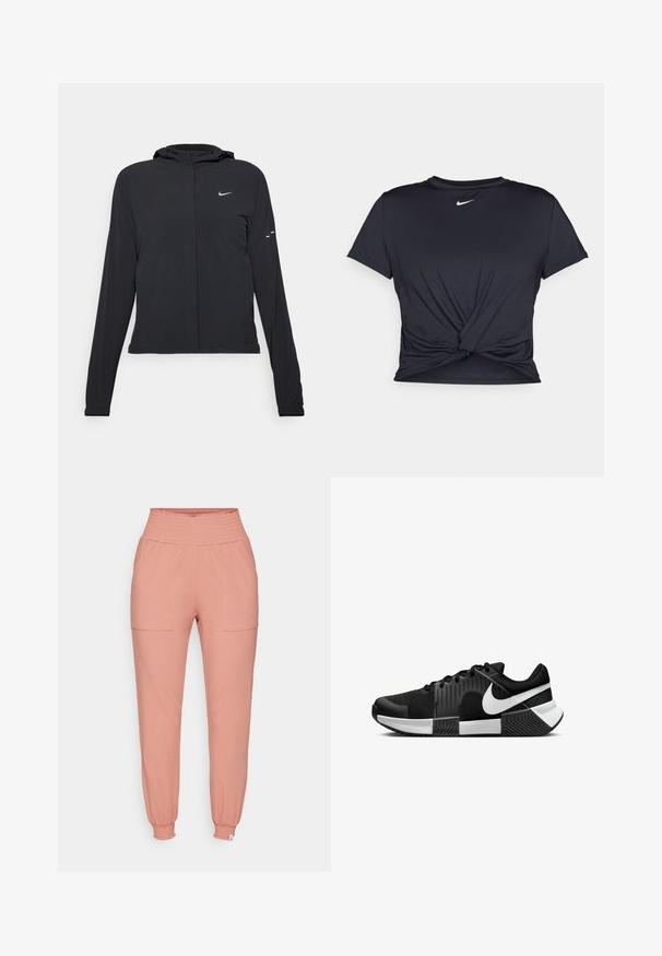 Schwarze Kapuzenjacke mit langen Ärmeln, aus leichtem Material gefertigt. Sie hat einen vorderen Reißverschluss, ein Nike-Logo und dezente Designelemente.; Schwarzes Sport-T-Shirt aus glattem Stoff, mit einem geknoteten Vorderdesign und einem kleinen weißen Nike-Logo auf der Brust.; Rosa Jogginghosen aus weichem Stoff. Mit einem gerafften Taillenbund, zwei Vordertaschen und schmal zulaufenden Bündchen am Knöchel.; Schwarze Sportschuhe mit einem Obermaterial aus Mesh, strukturiertem Seitenpanel und weißen Akzenten. Die Sohle ist geteilt und hat ein gummiertes Traktionsmuster.