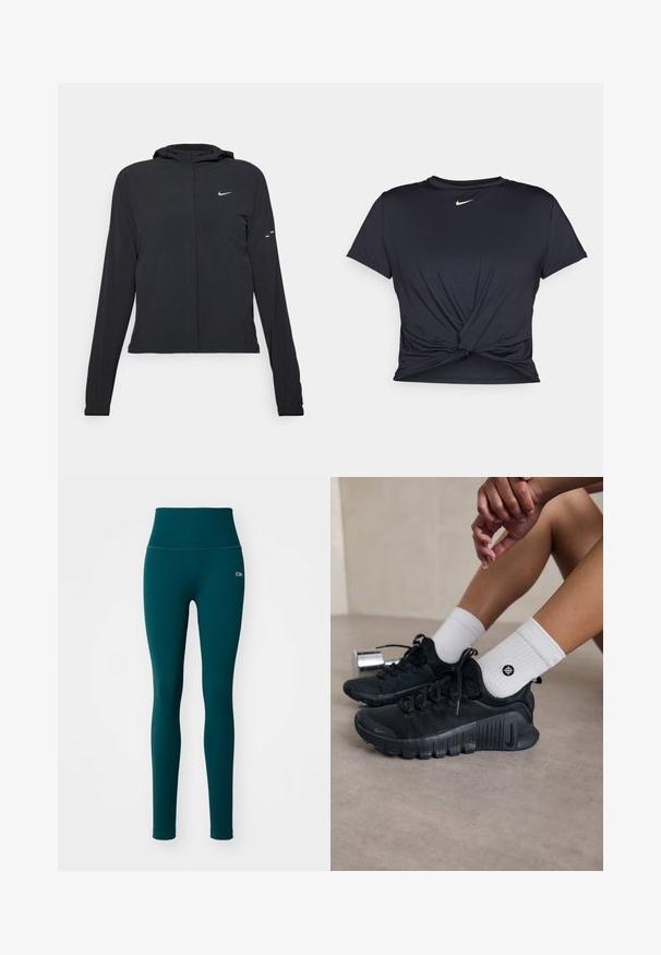 Melnā kapuci jaka ar garām piedurknēm, izgatavota no viegla materiāla. Tam ir priekšējais rāvējslēdzis, Nike logo un smalki dizaina akcenti.; Melna sporta t-kreklu ar gludu audumu, ar mezglošanas priekšpusi un mazu baltu Nike logotipu uz krūšu daļas.; Cilvēku augstās vidukļa legingu tirkīza krāsā, izgatavoti no ribota auduma. Raksturīga gluda tekstūra un neliels logotips kreisajā gurnā. Bez rakstiem vai dekoratīviem elementiem.; Melnas sporta kurpes ar teksturētu audumu, saistītu dizainu un izteiktu zoli, savienotas ar baltām ribotām zeķēm ar mazu logo.