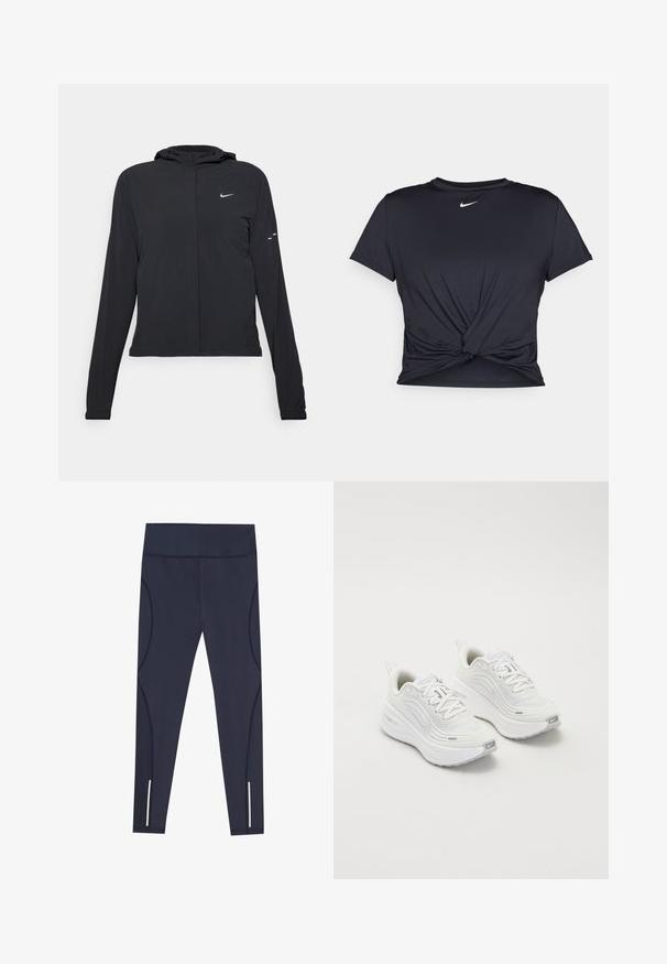 Mustassa hupparissa on pitkät hihat, ja se on valmistettu kevyestä materiaalista. Siinä on edessä vetoketju, Nike-logo ja hillityt muotoiluyksityiskohdat.; Musta urheilu T-paita, joka on valmistettu sileästä kankaasta, jossa on solmittu etuosa ja pieni valkoinen Nike-logo rinnassa.; Navyblå leggings i sträckbart material, med hög midja och kurviga sidog seams, med reflekterande detaljer vid anklarna.; Valkoiset urheilukengät, joissa on teksturoitu verkkoma upper, pehmustettu pohja ja hillityt harmaat yksityiskohdat. Mukana brändäys ja silmukkamuotoinen kantapäänvetotappi helppoa pukeutumista varten.