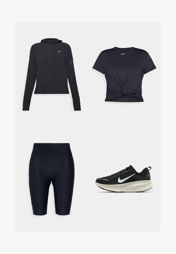 Čierna kapucňová bunda s dlhou rukávou, vyrobená z ľahkého materiálu. Má predný zips, logo Nike a jemné dizajnové akcenty.; Čierne atletické tričko vyrobené z hladkej tkaniny, so zaväzovaným predným dizajnom a malým bielym logom Nike na hrudi.; Rapha WOMENS CORE - Cyklistické šortky - black; Čierne bežecké topánky Nike s priedušnou sieťovinou, bielym logom s symbolom swoosh, textúrovanými detailmi a krémovou ZoomX medzipodrážkou.