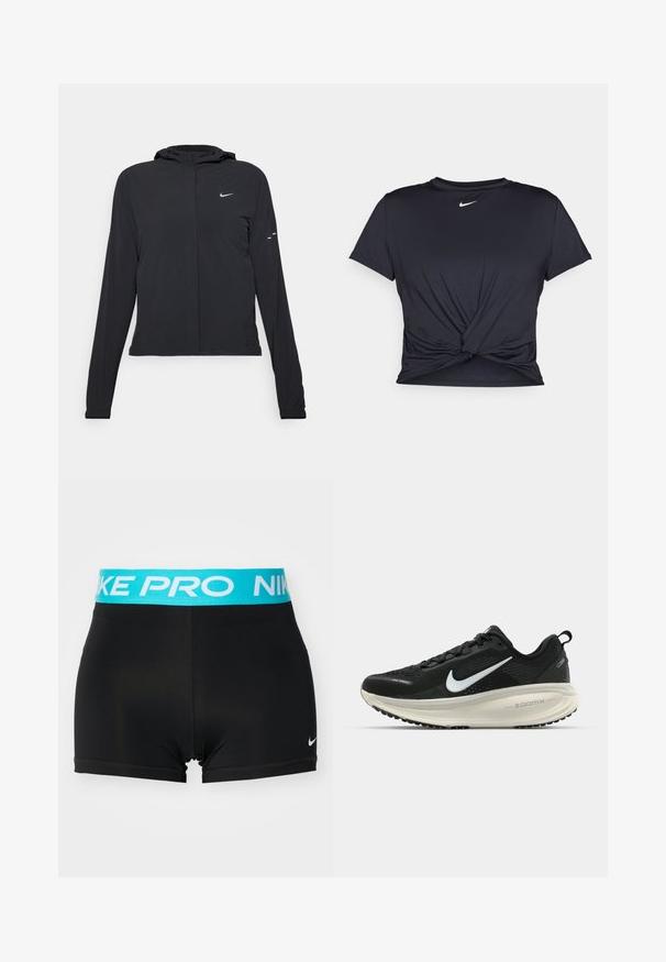 Jachetă neagră cu glugă, cu mâneci lungi, fabricată din material ușor. Dispune de un fermoar frontal, un logo Nike și accente de design subtile.; Tricou sport negru din material neted, cu un design frontal legat și un mic logo Nike alb pe piept.; Shorts de sport negre, cu un logo "NIKE PRO" de culoare albastră deschisă pe banda elastică. Caracteristici include un material neted și un design aderent.; Pantofii de alergare negri de la Nike, cu parte superioară din plasă respirabilă, logo-ul alb Swoosh, detalii texturate și o talpă intermediară ZoomX de culoare crem.