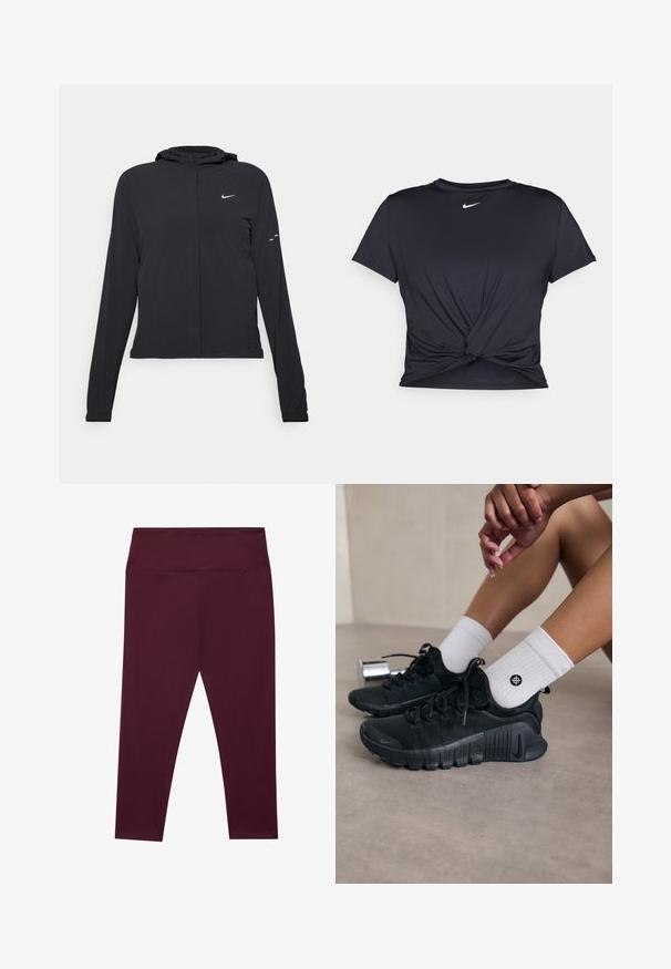 Must musta kapuutsiga jakk, millel on pikad varrukad ja mis on valmistatud kergetest materjalidest. Omab esitaskut, Nike logo ja kergelt silmatorkavaid disainiaktsente.; Mustmust musta sportlik T-särk, mis on valmistatud sujuvast kangast, millel on sõlmega esikülg ja väike valge Nike logo rinnal.; Burgundia värvi legginsid kõrge vöökohaga, valmistatud siledast ja venivast kangast. Omavad sujuvat disaini ilma väliste taskuteta.; Mustad must спортjalatsid tekstuurse kangaga, nöörimise disainiga ja silmapaistva tallaga, koos valgete ribafreeside sokkidega, millel on väike logo.