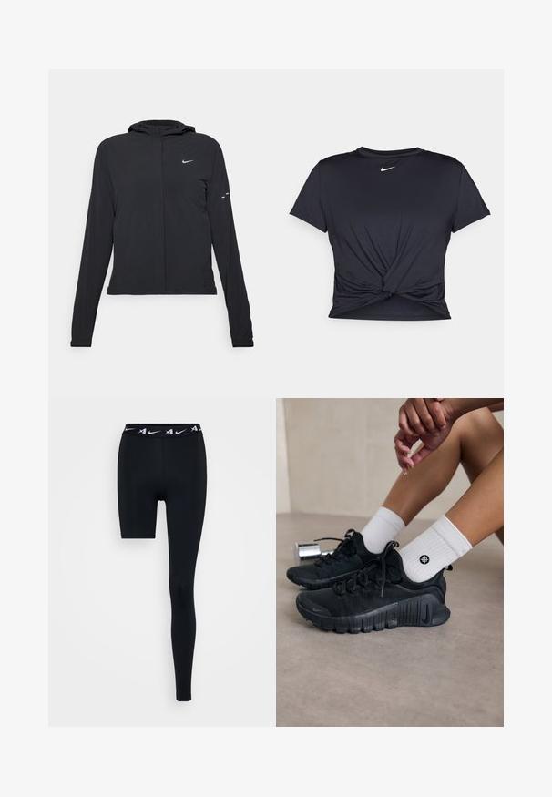 Casaco preto com capuz e mangas longas, feito de material leve. Apresenta um fecho dourado na frente, um logótipo da Nike e detalhes de design subtis.; T-shirt atlético preto feito de tecido liso, apresentando um design frontal com nó e um pequeno logótipo branco da Nike no peito.; Leggings atléticas pretas com um corte até ao joelho, apresentando uma cintura elástica simples com um logótipo branco. Tecido suave e elástico.; Sapatilhas atléticas pretas com tecido texturizado, design com atacadores e uma sola proeminente, emparelhadas com meias brancas com nervuras e um pequeno logótipo.
