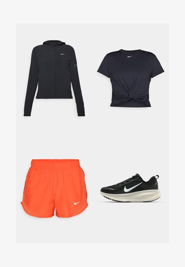 Crna jakna s kapuljačom i dugim rukavima, izrađena od laganog materijala. Ima prednji patentni zatvarač, Nike logo i suptilne dizajnerske detalje.; Crni trenirac s kratkim rukavima izrađen od glatkog materijala, s čvorastim dizajnom sprijeda i malim bijelim Nike logotipom na prsima.; Narančaste atletske kratke hlače s elastičnom trakicom u struku, bočnim prorezima i bijelim Nike logotipom sprijeda. Izrađene su od glatke, lagane tkanine.; Crne Nike trkačke tenisice s prozračnom mrežastom gornjom konstrukcijom, bijelim swoosh logotipom, teksturiranim detaljima i kremastom ZoomX srednjom potplatnom jedinicom.