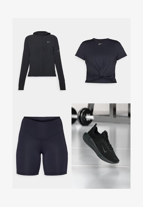 Giacca nera con cappuccio e maniche lunghe, realizzata in materiale leggero. Presenta una zip frontale, il logo Nike e accenti di design sottili.; Maglietta atletica nera realizzata in tessuto liscio, con un design anteriore annodato e un piccolo logo Nike bianco sul petto.; Pantaloni shorts alti di colore blu navy scuro realizzati in tessuto elastico. Presentano una texture liscia, un design aderente e tasche laterali per funzionalità.; Sneaker sportivo nero con logo Nike, mostrato in volo su un pavimento da palestra, con un supporto per pesi sfocato sullo sfondo.