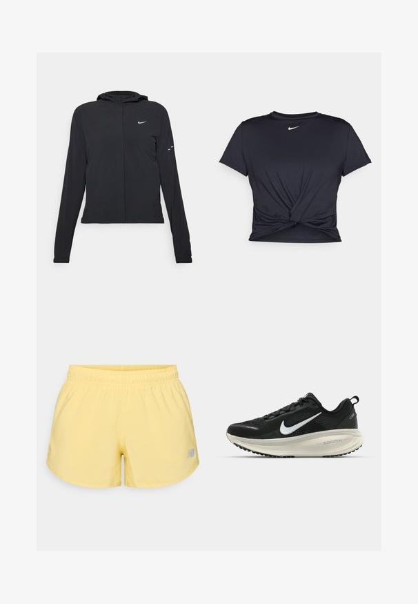 Casaco preto com capuz e mangas longas, feito de material leve. Apresenta um fecho dourado na frente, um logótipo da Nike e detalhes de design subtis.; T-shirt atlético preto feito de tecido liso, apresentando um design frontal com nó e um pequeno logótipo branco da Nike no peito.; Calções de desporto amarelos com um cós elástico e um pequeno logótipo cinzento no canto inferior direito. Tecido suave, leve e de corte curto.; Sapatilha de corrida Nike preta com parte superior de malha respirável, logotipo Swoosh branco, detalhes texturizados e uma entressola ZoomX na cor creme.