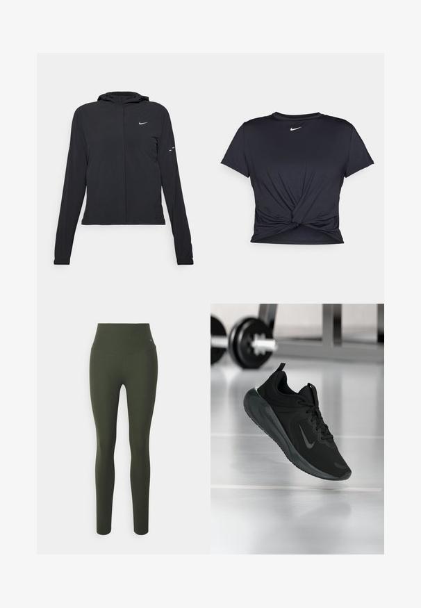 Čierna kapucňová bunda s dlhou rukávou, vyrobená z ľahkého materiálu. Má predný zips, logo Nike a jemné dizajnové akcenty.; Čierne atletické tričko vyrobené z hladkej tkaniny, so zaväzovaným predným dizajnom a malým bielym logom Nike na hrudi.; Nike Performance ZENVY HR 7/8 - Legíny - cargo khaki/black; Čierne športové tenisky s logom Nike, zobrazené vo vzduchu na podlahe telocvične, s rozmazaným regálom činkami v pozadí.