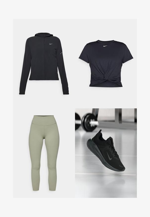 Schwarze Kapuzenjacke mit langen Ärmeln, aus leichtem Material gefertigt. Sie hat einen vorderen Reißverschluss, ein Nike-Logo und dezente Designelemente.; Schwarzes Sport-T-Shirt aus glattem Stoff, mit einem geknoteten Vorderdesign und einem kleinen weißen Nike-Logo auf der Brust.; Hochtaillierte, figurbetonte Leggings aus einem weichen olivgrünen Stoff. Glatte Textur mit verstärkten Nähten und ohne sichtbare Muster oder Akzente.; Schwarzer Sportsneaker mit Nike-Logo, mid-air über dem Boden des Fitnessstudios, mit unscharfem Hantelregal im Hintergrund.