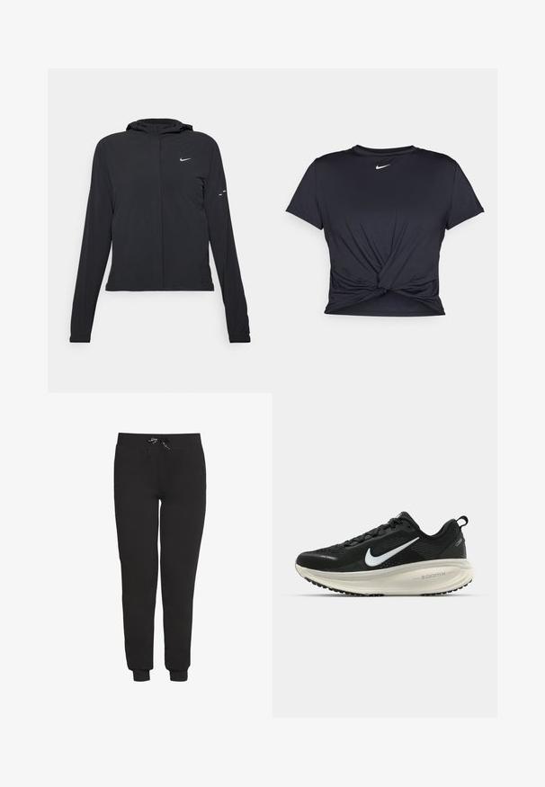 Must musta kapuutsiga jakk, millel on pikad varrukad ja mis on valmistatud kergetest materjalidest. Omab esitaskut, Nike logo ja kergelt silmatorkavaid disainiaktsente.; Mustmust musta sportlik T-särk, mis on valmistatud sujuvast kangast, millel on sõlmega esikülg ja väike valge Nike logo rinnal.; ONLY Play ONPAYNA TRAIN - Dresside alumine osa - black/red; Musthave mustus Nike jooksujalats, millel on hingav võrgust ülemine osa, valge swoosh logo, tekstuuriga detailid ja kreemja värvusega ZoomX vahevöö.