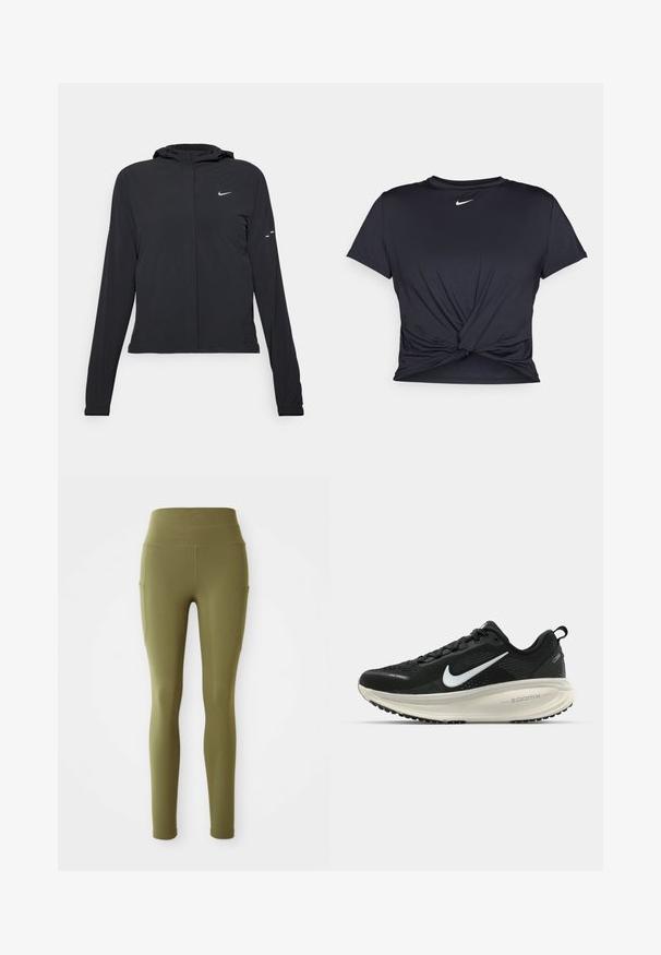 Giacca nera con cappuccio e maniche lunghe, realizzata in materiale leggero. Presenta una zip frontale, il logo Nike e accenti di design sottili.; Maglietta atletica nera realizzata in tessuto liscio, con un design anteriore annodato e un piccolo logo Nike bianco sul petto.; Leggings verde oliva a vita alta con tasche laterali e dettagli delle cuciture, mostrati piatti su uno sfondo bianco.; Scarpa da corsa nera Nike con tomaia in rete traspirante, logo Swoosh bianco, dettagli testurizzati e intersuola ZoomX di colore crema.