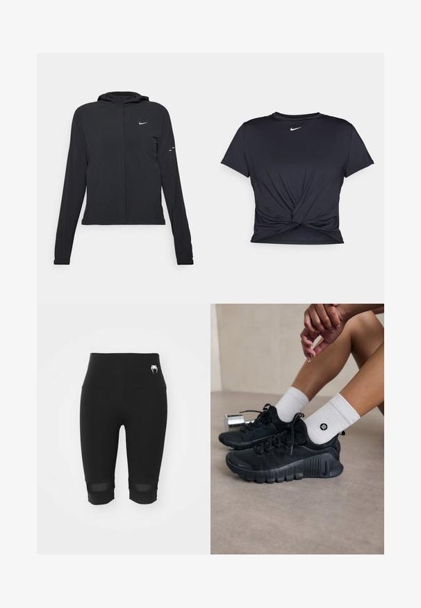 Casaco preto com capuz e mangas longas, feito de material leve. Apresenta um fecho dourado na frente, um logótipo da Nike e detalhes de design subtis.; T-shirt atlético preto feito de tecido liso, apresentando um design frontal com nó e um pequeno logótipo branco da Nike no peito.; Calções de ciclismo pretos com uma cintura alta, apresentando um logotipo brilhante na cintura e painéis de malha transparente na parte inferior. Tecido liso e elástico.; Sapatilhas atléticas pretas com tecido texturizado, design com atacadores e uma sola proeminente, emparelhadas com meias brancas com nervuras e um pequeno logótipo.