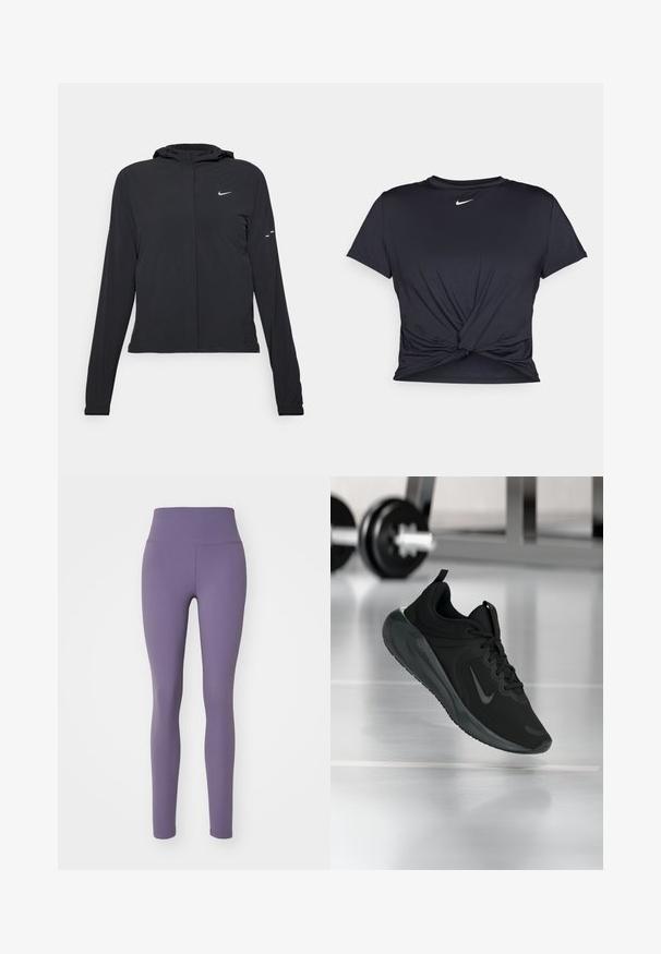 Zwarte kaptrui met lange mouwen, gemaakt van lichtgewicht materiaal. Voorzien van een ritssluiting aan de voorkant, een Nike-logo en subtiele ontwerpelementen.; Zwarte sportieve T-shirt van gladde stof, met een geknoopt ontwerp aan de voorkant en een klein wit Nike-logo op de borst.; Nike Performance ONE - Tights - daybreak/black; Zwarte sportsneaker met Nike-logo, weergegeven in de lucht boven de gymvloer, met een vervaagde halterrek op de achtergrond.