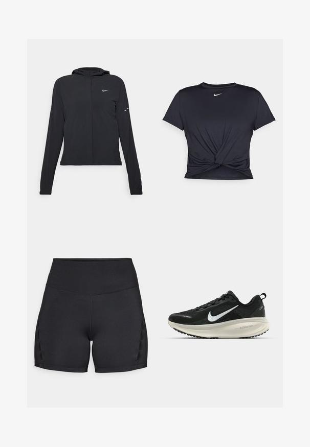 Black hooded jacket with long sleeves, made from lightweight material. Features a front zipper, a Nike logo, and subtle design accents.; Black athletic t-shirt made of smooth fabric, featuring a knotted front design and a small white Nike logo on the chest.; Black athletic shorts featuring a high waist, smooth texture, and side detailing with cutouts for breathability. Seamless construction for comfort.; Black Nike running shoe with breathable mesh upper, white swoosh logo, textured detailing, and a cream-colored ZoomX midsole.