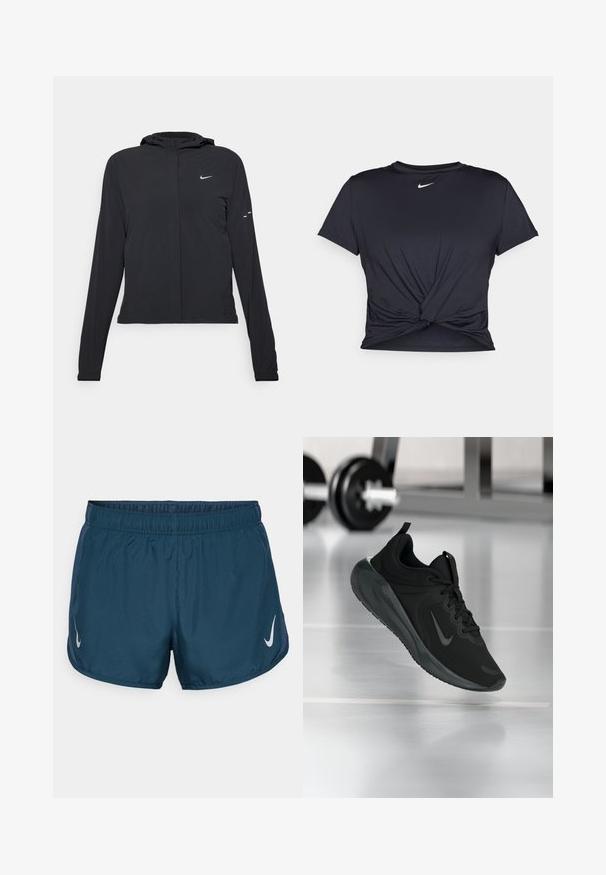 Must musta kapuutsiga jakk, millel on pikad varrukad ja mis on valmistatud kergetest materjalidest. Omab esitaskut, Nike logo ja kergelt silmatorkavaid disainiaktsente.; Mustmust musta sportlik T-särk, mis on valmistatud sujuvast kangast, millel on sõlmega esikülg ja väike valge Nike logo rinnal.; Nike Performance FAST TEMPO SHORT - Spordišortsid - armory navy/silver; Mustad mustang spordijalatsid Nike logo'ga, õhus spordisaali põrandal, häguste hantlite riiulitega taustal.