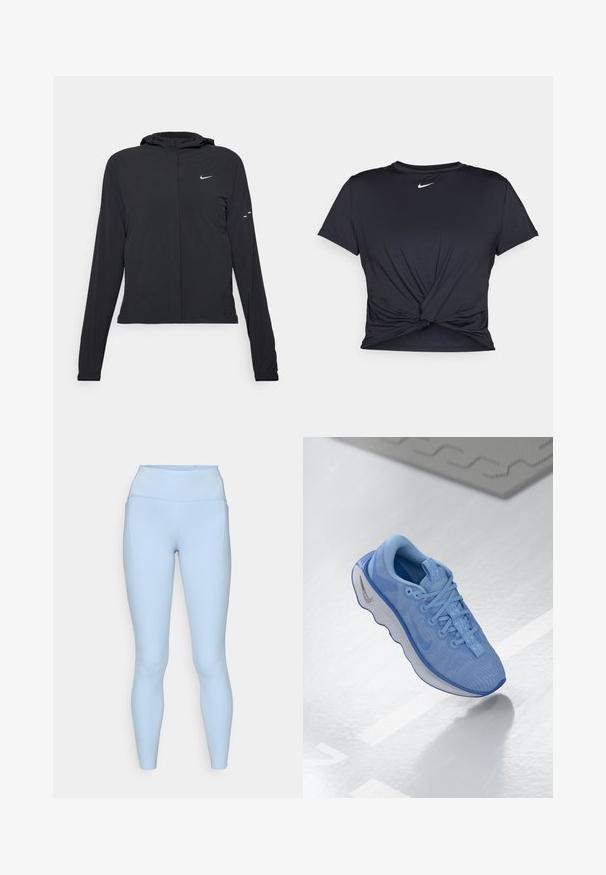 Fekete kapucnis dzseki hosszú ujjakkal, könnyű anyagból készült. Elülső cipzárral, Nike logóval és diszkrét dizájn elemekkel rendelkezik.; Fekete sportpóló sima anyagból, elöl megkötős dizájnnal, a mellkason egy kis fehér Nike logóval.; Világoskék leggings magas derekú fazonnal, sima textúrával és oldalsó zsebekkel. Finom varrási részletek és testhezálló dizájn jellemzi.; Világoskék sneaker, texturált hálós felsőrésszel, fűzős elejével, párnázott nyakrésszel és hullámpatternnal rendelkező áttetsző talppal. Ezüst logó akcentus.