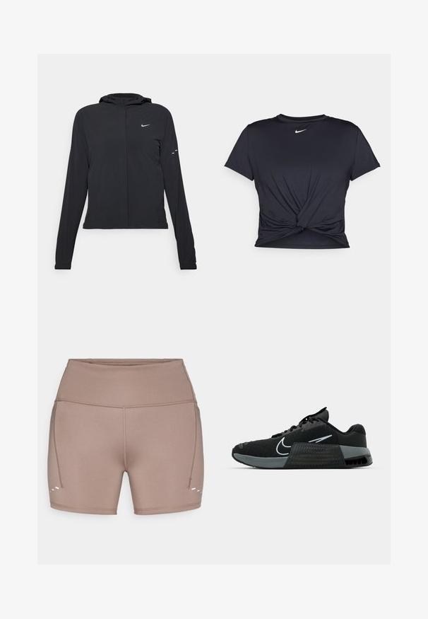 Juodas gobtuvas striukė su ilgomis rankovėmis, pagaminta iš lengvo audinio. Pasižymi priekiniais užtrauktukais, Nike logotipu ir subtiliais dizaino akcentais.; Juodas sportinis marškinėlis, pagamintas iš lygios medžiagos, su surišta priekiu ir mažu baltu Nike logotipu ant krūtinės.; Rudi, tamprūs sportiniai šortai su aukšta juosta, šoninėmis siūlėmis ir trimis baltais akcento linijomis šalia apačios.; Juodas sportinis batas su tinklo viršumi, pilkais akcentais ir tekstūruotu viduriniu padais. Yra išsiskiriantis logotipas ir batraiščių dizainas. Guma padais užtikrina sukibimą.
