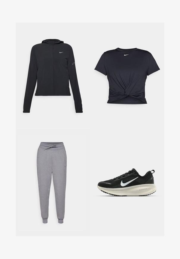 Must musta kapuutsiga jakk, millel on pikad varrukad ja mis on valmistatud kergetest materjalidest. Omab esitaskut, Nike logo ja kergelt silmatorkavaid disainiaktsente.; Mustmust musta sportlik T-särk, mis on valmistatud sujuvast kangast, millel on sõlmega esikülg ja väike valge Nike logo rinnal.; Hallid pingutamata dressipüksid, hallid, nööriga taljes, elastsete mansettidega ja vaevumärgatava Nike logoga vasakul reiel. Pehme, tekstuuriga kangas.; Musthave mustus Nike jooksujalats, millel on hingav võrgust ülemine osa, valge swoosh logo, tekstuuriga detailid ja kreemja värvusega ZoomX vahevöö.