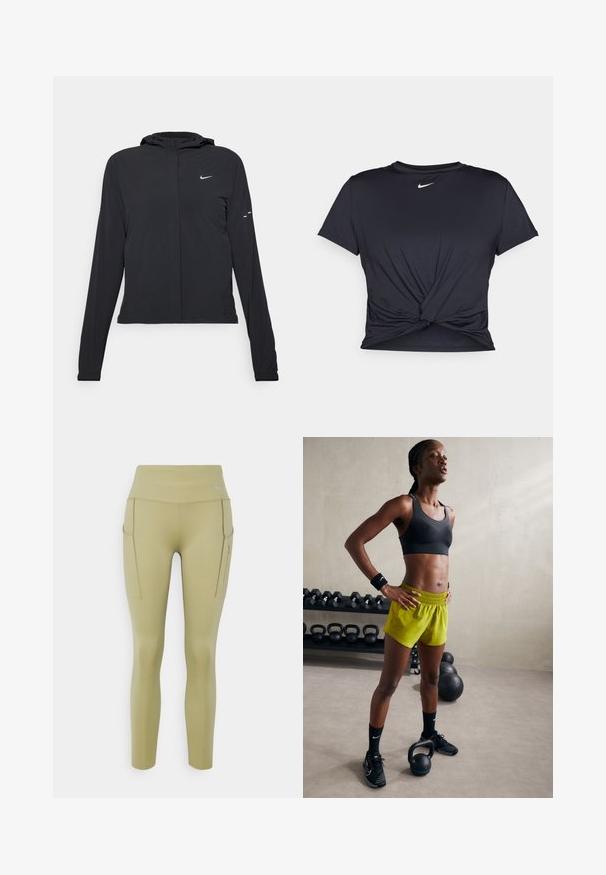 Czarna kurtka z kapturem, z długimi rękawami, wykonana z lekkiego materiału. Posiada zamek błyskawiczny z przodu, logo Nike oraz subtelne akcenty wzornicze.; Czarna sportowa koszulka z gładkiego materiału, z wiązanym przodem i małym białym logo Nike na piersi.; Legginsy sportowe w kolorze oliwkowym, z wysokim stanem, wykonane z elastycznej tkaniny. Posiadają dwie boczne kieszenie oraz małe logo marki na smugach w pasie.; Czarny stanik sportowy, jasne żółte szorty z elastycznym pasem, czarne buty sportowe i opaski na nadgarstki, stojące obok kettlebelli.