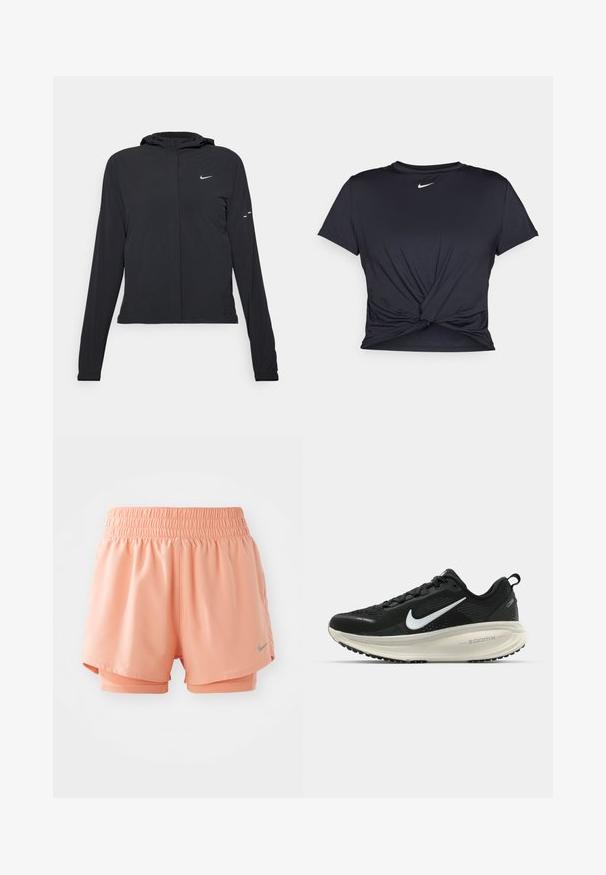Czarna kurtka z kapturem, z długimi rękawami, wykonana z lekkiego materiału. Posiada zamek błyskawiczny z przodu, logo Nike oraz subtelne akcenty wzornicze.; Czarna sportowa koszulka z gładkiego materiału, z wiązanym przodem i małym białym logo Nike na piersi.; Krótki spodenki sportowe w kolorze brzoskwiniowym z elastycznym pasem, warstwowym designem i szarym akcentem logo. Wykonane z gładkiego, lekkiego materiału.; Czarna biegowa półbut z oddychającej siateczki, białym logo swoosh, teksturowanymi detalami oraz kremową podeszwą środkową ZoomX.