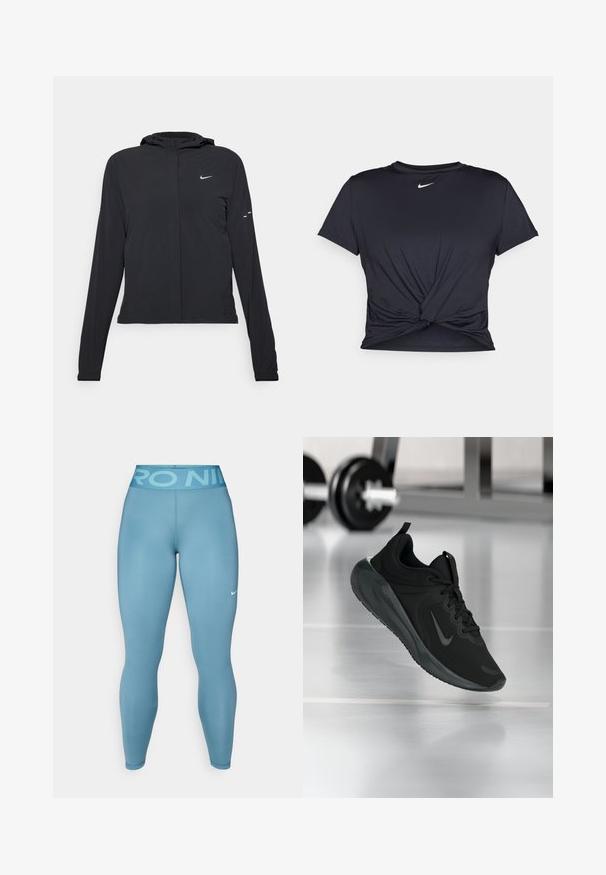 Casaco preto com capuz e mangas longas, feito de material leve. Apresenta um fecho dourado na frente, um logótipo da Nike e detalhes de design subtis.; T-shirt atlético preto feito de tecido liso, apresentando um design frontal com nó e um pequeno logótipo branco da Nike no peito.; Leggings atléticos azul claro com uma textura suave e um cós alto, apresentando a letra "PRO NIKE". Inclui um pequeno logo da Nike em branco.; Sapatilha desportiva preta com o logotipo da Nike, mostrada em pleno ar sobre o chão do ginásio, com um suporte de halteres desfocado ao fundo.