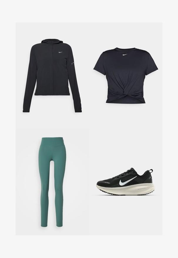 Zwarte kaptrui met lange mouwen, gemaakt van lichtgewicht materiaal. Voorzien van een ritssluiting aan de voorkant, een Nike-logo en subtiele ontwerpelementen.; Zwarte sportieve T-shirt van gladde stof, met een geknoopt ontwerp aan de voorkant en een klein wit Nike-logo op de borst.; Groene high-waisted legging gemaakt van rekbare stof, met een gladde textuur en een aansluitend ontwerp dat tot aan de enkels reikt.; Zwarte Nike hardloopschoen met ademend mesh bovenwerk, witte swoosh-logo, gestructureerde details en een crèmekleurige ZoomX middenzool.