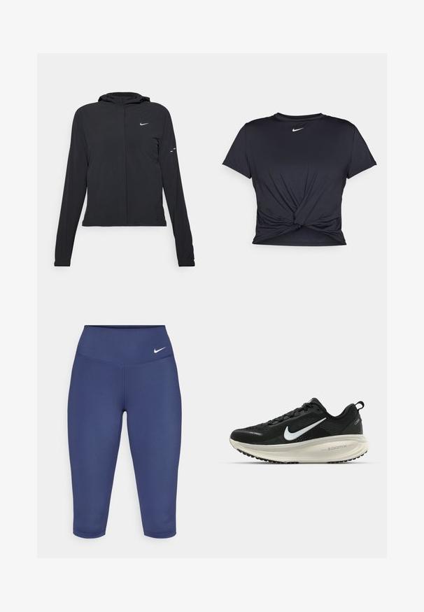 Veste à capuche noire avec des manches longues, fabriquée en matériau léger. Elle comporte une fermeture éclair à l'avant, un logo Nike et des accents de design subtils.; T-shirt de sport noir en tissu lisse, avec un design avant noué et un petit logo Nike blanc sur la poitrine.; Leggings capri bleu marine en tissu extensible, dotés d'une ceinture large et d'un petit logo blanc sur le côté gauche. Aucune couture visible.; Baskets de course noir Nike avec tige respirante en mesh, logo swoosh blanc, détails texturés et semelle intermédiaire ZoomX de couleur crème.