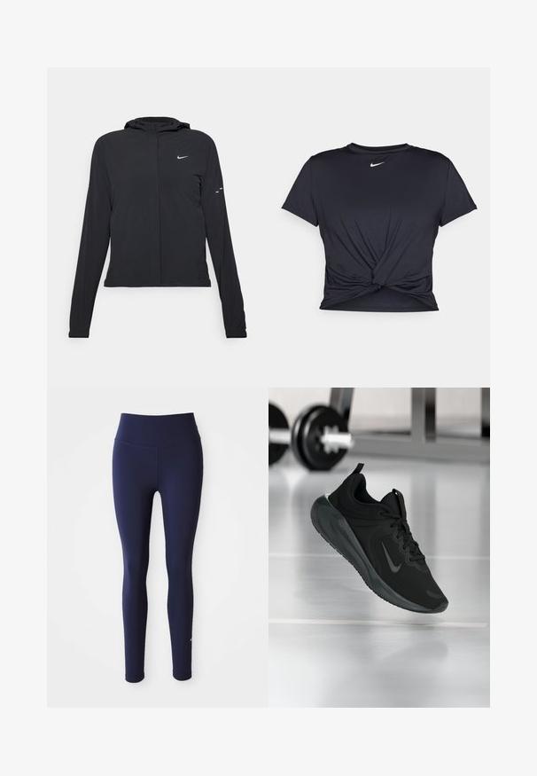 Jachetă neagră cu glugă, cu mâneci lungi, fabricată din material ușor. Dispune de un fermoar frontal, un logo Nike și accente de design subtile.; Tricou sport negru din material neted, cu un design frontal legat și un mic logo Nike alb pe piept.; Legginguri fără cusături de culoare navy, cu o talie înaltă, fabricate dintr-un material elastic. Prezintă un logo subtil pe piciorul inferior, cu o textură netedă pe întreaga suprafață.; Tenisii sport negru cu logo-ul Nike, arătați în aer deasupra podelei de sală de sport, cu un suport pentru haltere neclar în fundal.